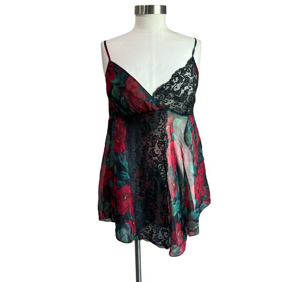 Victoria Secret Gold Label Sheer Floral Red & Black Lace Babydoll Chemise Sz M - Picture 1 of 7